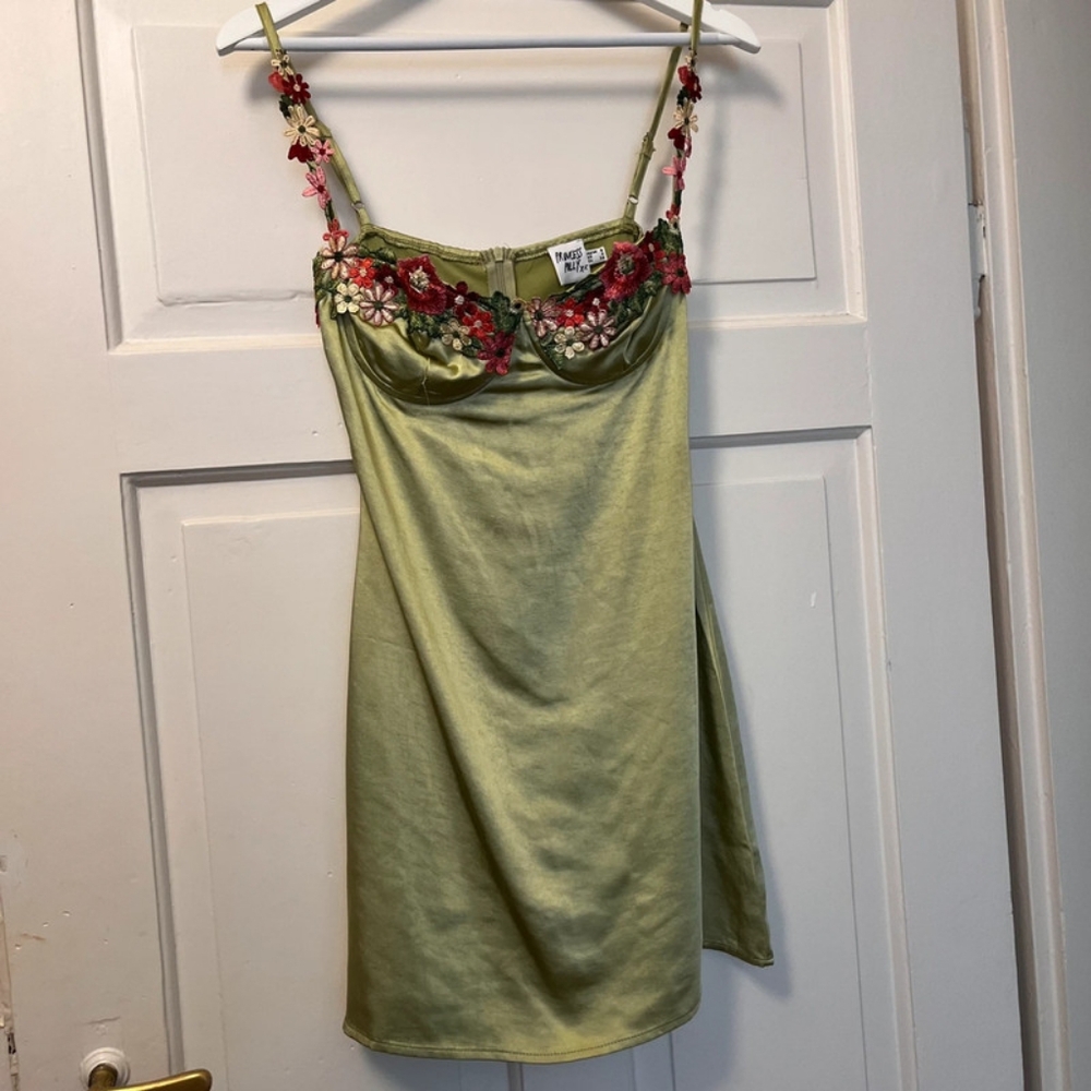 Princess Polly Olive Dress with Multicolor Floral Embroidery